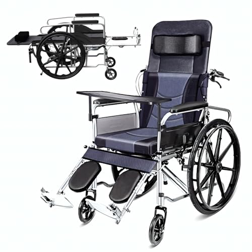 折りたたみ式トランスポート車椅子 大人用 自走式ハイバック フルリクライニング車いす 調節可能なレッグガードとフットレスト付き 全地形対応軽量車いす 取り外し可能なアーム付き