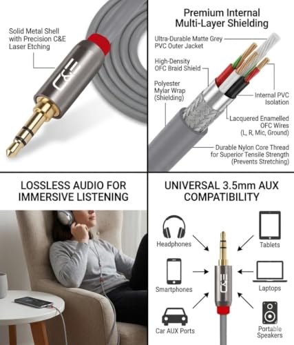 Image of C&E CNE62656 15 FT(4.5 M) 3.5mm Aux Male to Female Extension Stereo Audio Cable Grey (15 Feet /4.5 Meters) Compatible for iPhone, iPad or Smartphones, Tablets, Media Players (4 Pack)