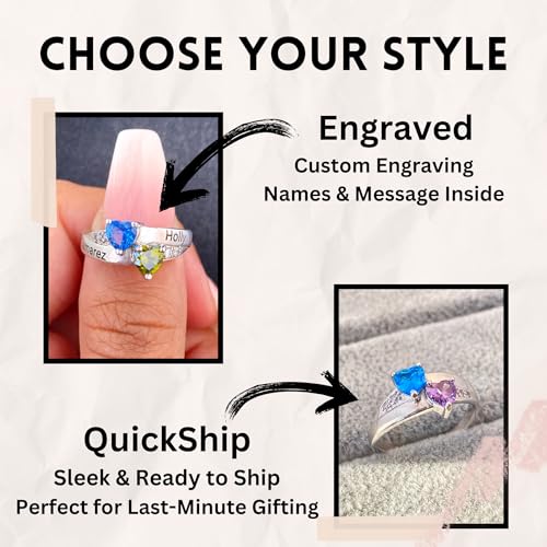 Promise Rings for Her – Custom Birthstone Ring for Women in Sterling Silver – Personalized 2 Heart Birthstones, Sizes 5-123
