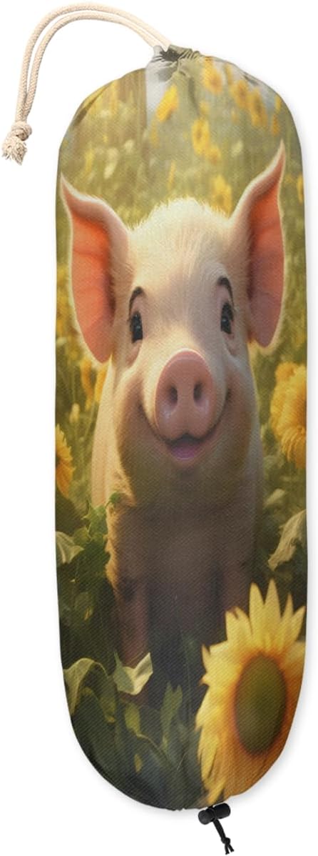 Sunflower Pig Pattern Plastic Bag Holder Hanging Plastic Bag Organizer Reusable Grocery Bag Holder Washable Large Grocery Bag Storage Trash Bag Dispenser for Home Kitchen Travelling Decor