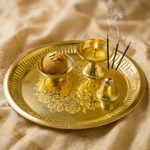 Image of Ekhasa 100% Pure Brass Pooja Thali Set | Puja Thali Set for Home Or Gifting | Brass Aarti Thali for Pooja, Mandir, Wedding, Festivals | Pital Pooja Set Items for Home Decorative | Peetal Plate
