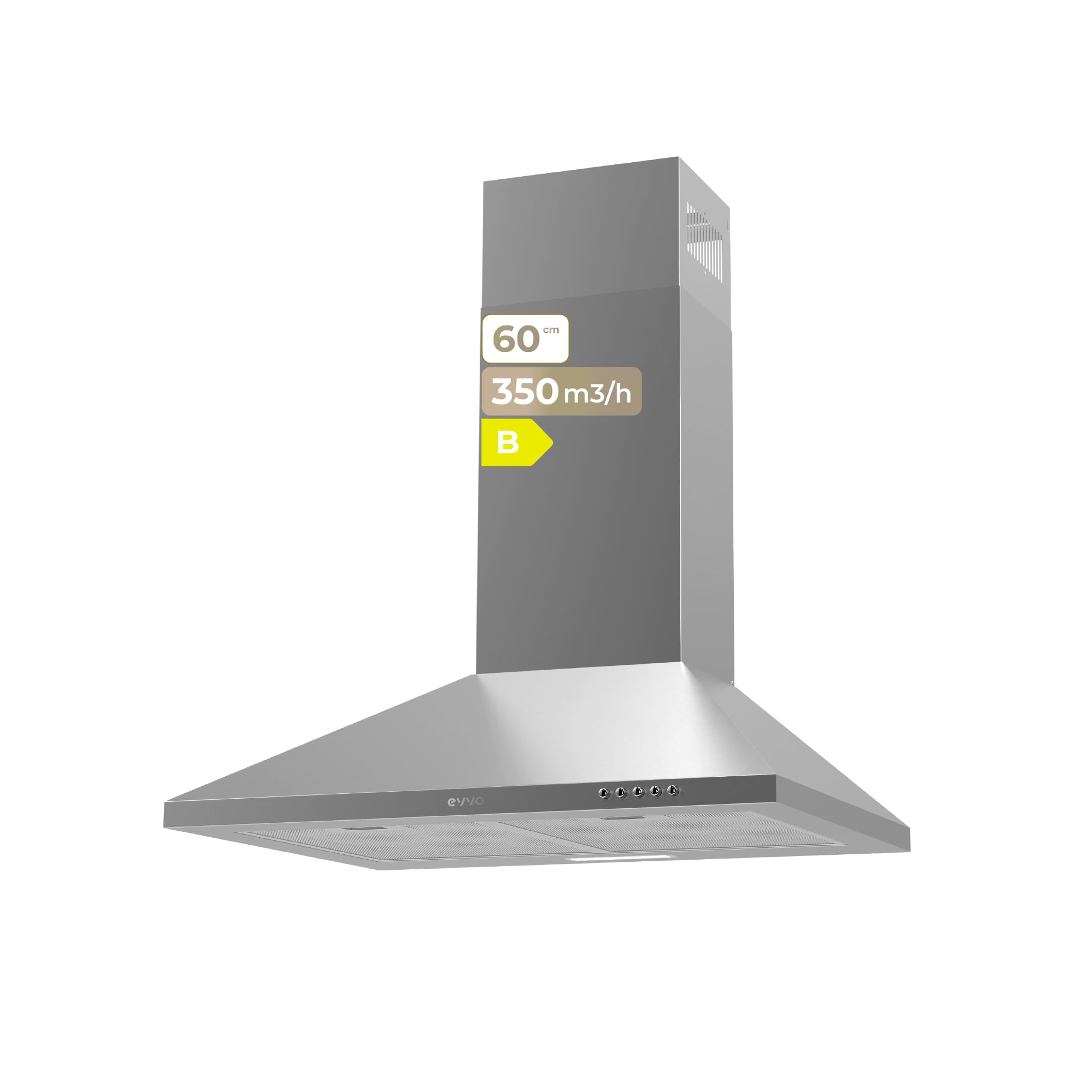 EVVO Campana Extractora Piramidal CE20, Ancho 60 cm, Filtro de Aluminio de 3 capa, Potencia 350 m³/h, 3 Velocidades, Filtro Carbón Activo, Eficiencia Energética B, Acabado Inox