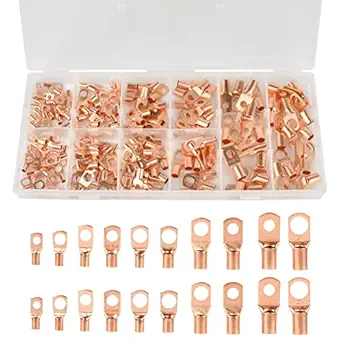 TIMESETL 170Pcs Copper Wire Lugs, Battery Cable Lugs Battery Cable Ends Ring Terminals Connectors, 12 Sizes SC Terminals for Automotive Supplies AWG4, AWG6, AWG8, AWG10, AWG12