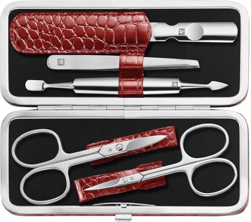 ZWILLING CLASSIC INOX manicure set pedicure kit, stainless steel nail care, cowhide, crocodile edition, 5 pieces, red