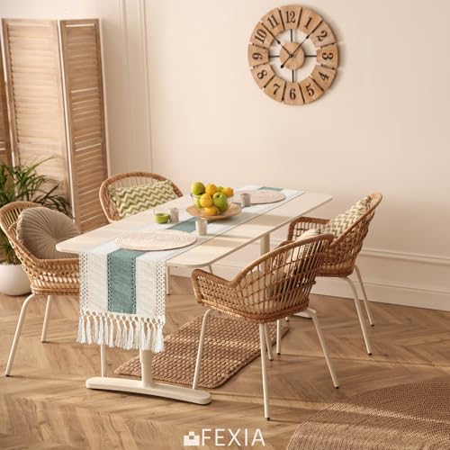 Image of FEXIA Sage Green Table Runner 48 Inches Long with Tassels Boho for Summer Home Decor Rustic Macrame Farmhouse Table Cover for Wedding Party Bohemian Bridal Shower Dining Decorations(12x48 Inches)