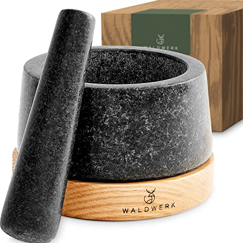 Comparison: Best Mortar And Pestles 5 WALDWERK Mortar and Pestle - Mortar and Pestle Set with Anti-Scratch Oak Wood Base - Mortar with Extra Large Pestle Made of Natural Granite - Large Mortar and Pestle - Ideal for Guacamole