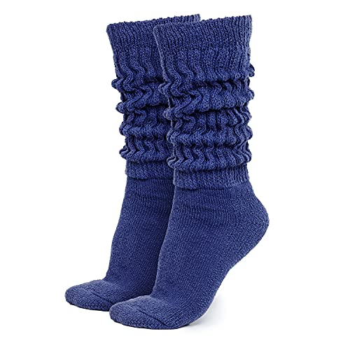 MDR Women's Extra Long & Heavy Slouch Cotton Wear at any Length Socks Made in USA 1 Pair Size 9 to 11 (Navy)