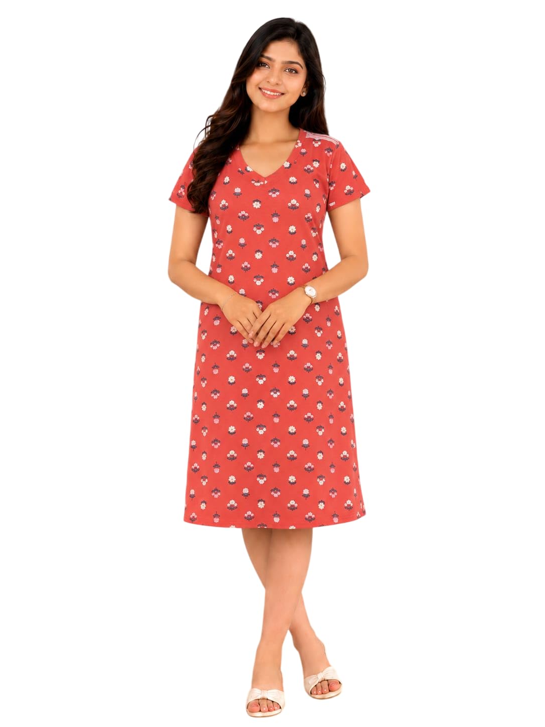 Women's Cotton Night Dress Knee Length Printed Half Sleeve Round Neck Sleep Dress Soft Nighty for Women Comfortable Lounge Wear Home Wear Casual Nightwear Daily Sleeping Dress-picture-49