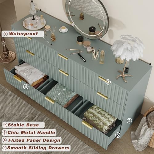 Image of Fluted 9 Drawer Dresser for Bedroom, 63 inch Wide Modern Wooden Chest of Drawers with Metal Handles, TV Stand & Closet Storage Organizer for Living Room,Hallway, Green