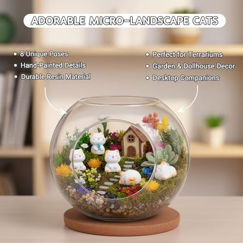 Image of Mini Resin Cats, 8-Piece Set of Small Cat Figurines for DIY Craft Projects, Fairy Garden Decoration, Cat Cake Toppers, White Resin Cat Miniature Figures with 2.5 cm Size