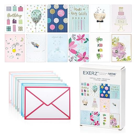 Exerz 12 tarjetas de felicitación surtidas multipack, hechas a mano, diseños individuales para cumpleaños, agradecimiento, día de la madre y en blanco. Cada tarjeta es única.