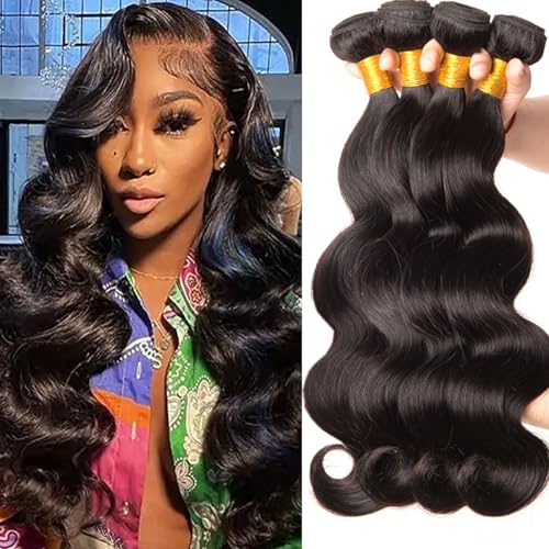 Huarisi Body Wave Bundles Human Hair 20 22 24 26 Inch 4 Bundles Body Wave Hair Weaves for Black Women 8a Unprocessed Brazilian Virgin Hair Natural Color Real Hair Extensions Weft