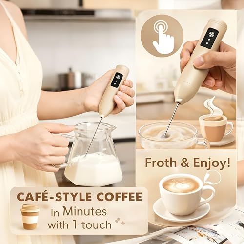 Image of Coffee Frother - Electric Rechargeable Coffee Maker Machine for Home Electric Coffee Frother & Milk Whisker | 1 Year Warranty | Free Recipe Book (Frother) (Ivory Beige)