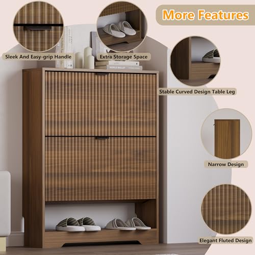 Image of BORNOON Shoe Cabinet with 2 Flip Drawers, Fluted Shoe Storage Cabinet with Adjustable Shelves, Freestanding Rack and Organizer for Entryway, Closet, Hallway