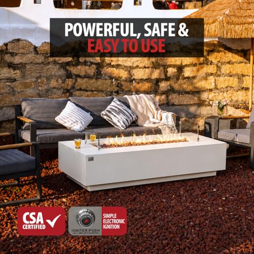 Image of AMS Creations | Savanah 72 inch Bundle Rectangular Cast Concrete Propane Gas Fire Pit Table | Cream White | Smooth Texture Surface | Electronic Ignition | Outdoor Patio Heater Outside Backyard Fireplace