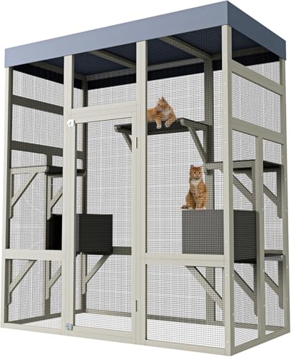 70 Large Outdoor Catio Cat Enclosure Wood Cat Patio with Waterproof UV-Resistant Roof Cats Shelter with 5 Platforms and 2 Resting Box and Secure Rust-Proof Wire for Backyard or Patio