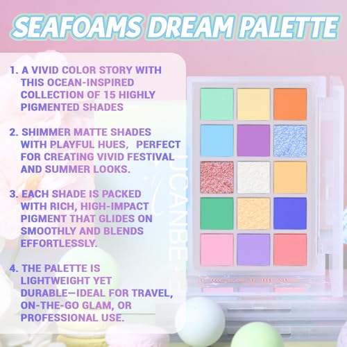 Image of UCANBE Colorful Eyeshadow Palette - 15 Colors Vibrant Matte, Dazzling Shimmer & Glitter Duochrome Finishes - Highly Pigmented, Blendable, Long-Lasting Pastel Rainbow Eye Makeup Pallet - Seaform Dreams