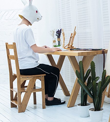 Silla escalera de bambú interior móvil, taburete de cuatro pasos madera maciza 89cm 3