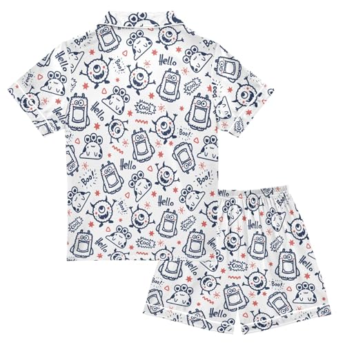 Cute Monster Prints Summer Satin Pajama Set, Cute Button-Down Sleepwear Pj Set for Sleep Wears2