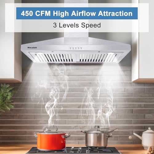 Image of 30 Inch Wall Mount Range Hood, 450 CFM Stainless Steel Stove Vent with 3 Speeds Fan, 2 LED Lights, Dishwasher Safe Filters, Ducted Exhaust (Model 303)