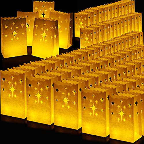 100 Pcs White Luminary Bags Christmas Luminaries Flame Resistant Candle Bags Reusable Paper Lantern Bags for Christmas Wedding Thanksgiving New Year Valentine's Day Diwali Party Decor (Firework)