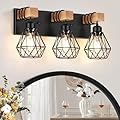 FadimiKoo 3-Light Farmhouse Bathroom Vanity Light Fixtures, Wood Bathroom Lighting Over Mirror, Black Vanity Lights with Metal Lampshade, Vintage Wall Light Fixtures for Bedroom, Living Room, Hallway