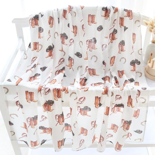 Image of LifeTree Muslin Swaddle Blankets, Western Baby Swaddles for Boys Girls Newborn, Soft Large 47 inch x 47 inch, Cowboy Boot Print Baby Blanket, 70% Viscose from Bamboo and 30% Cotton