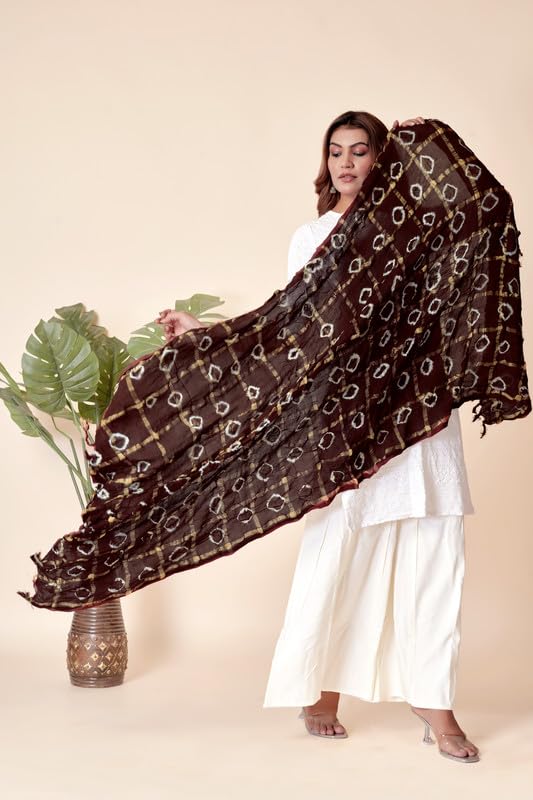 Image of Women Bandhani Dupatta | Traditional Chunri Print with Decorative Border | Lightweight Ethnic Stole for Festive and Wedding Wear