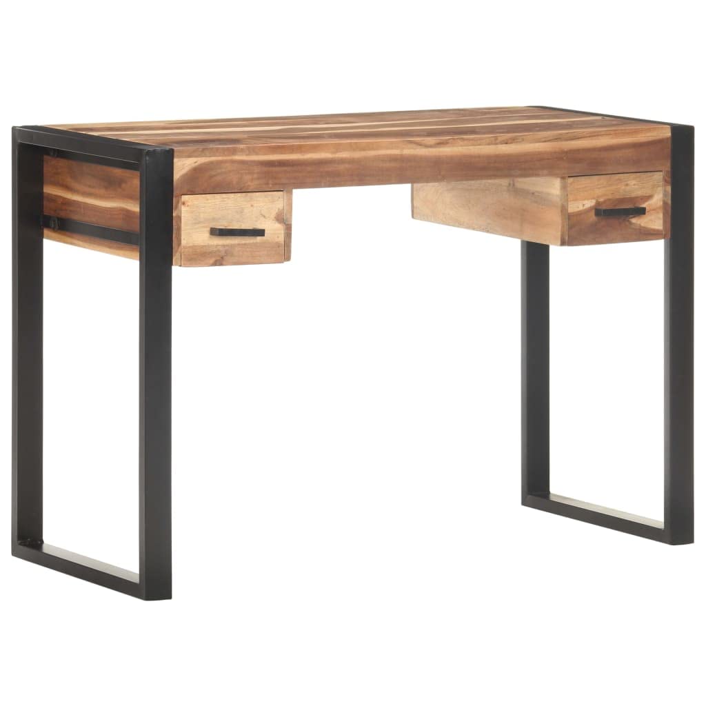 Vintage Schreibtisch 110x50x76 cm aus massivem Akazienholz und Gummibaumholz mit Zwei Schubladen, Stahlgestell für Stabilität, vielseitig als Computertisch oder Bürotisch nutzbar