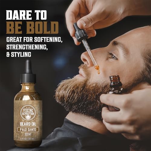 Image of Viking Revolution Beard Oil - Palo Santo - 1 fl oz | 100% Natural Ingredients - Formulated with Argan Oil & Jojoba Oil - Softens Rough Hair & Hydrates Skin - Palo Santo Scent