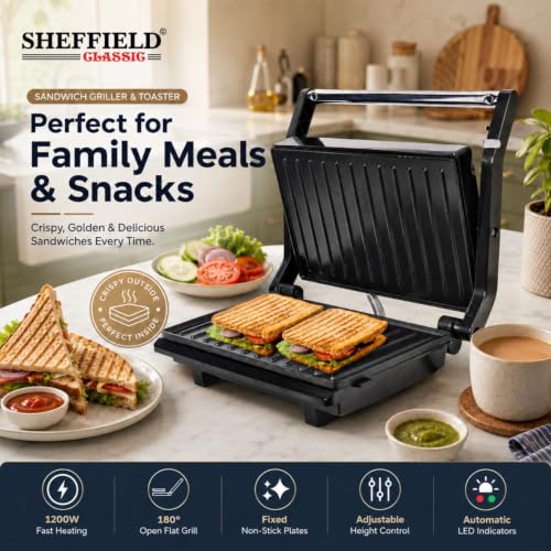 Image of SHEFFIELD CLASSIC 1200W Sandwich Griller & Toaster | 180 Open Flat Contact Grill with Fixed Non-Stick Plates, Adjustable Height Control & Automatic LED Indicators (White)