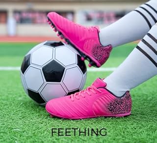 FEETHING Women Soccer Cleats Firm Ground Lace-Up Youth Soccer Shoes Light-Weight Outdoor Training Football Sneakers Big Kid,Pink,8