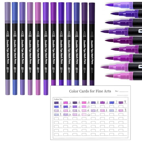 ZZWUAPT Purple Double Tip Brush Pens Art Markers,12 Colored Artist