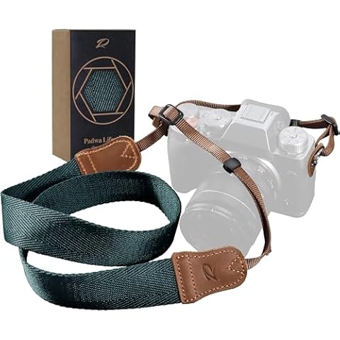 Padwa Lifestyle Dark Blue Green Camera Strap -Double Layer Crazy Horse Cowhide End,1.5" Wide Pure Cotton Woven Camera Straps,Adjustable Neck Shoulder Strap for All DSLR Cameras,Gift for Photographers Cover