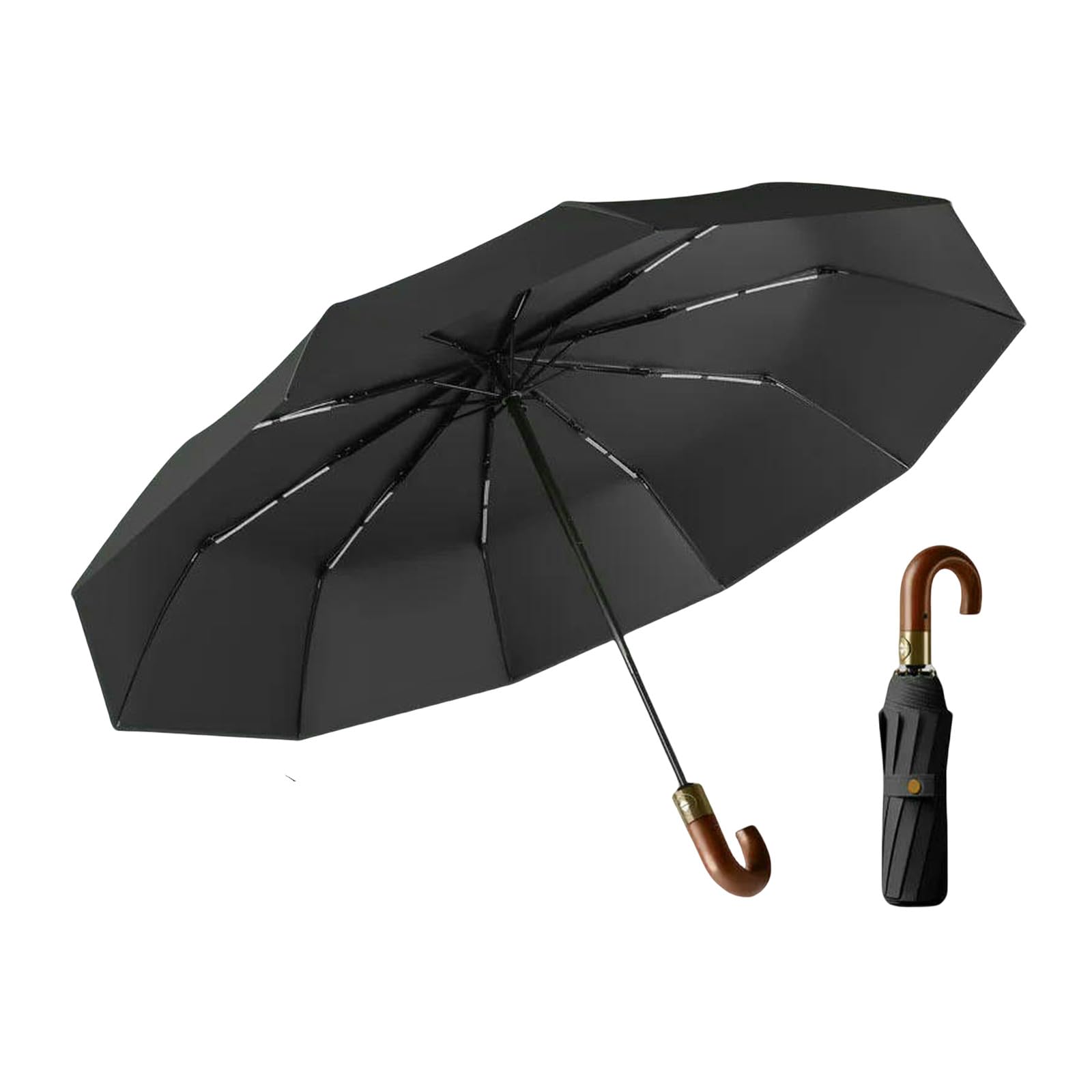 Ombrello Pieghevole Automatico Antivento A 30 Stecche per Uomo - da Golf Rinforzato E Resistente con Manico in Legno Curvo-125 Cm Nero