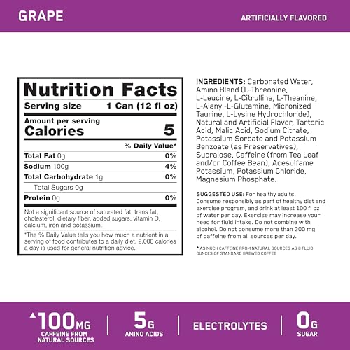 Optimum Nutrition Amino Energy Sparkling Hydration Drink, Electrolytes, Caffeine, Amino Acids, BCAAs, Sugar Free, Grape, 12 Fl Oz, 12 Pack (Packaging May Vary)