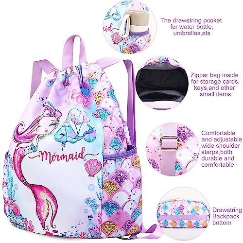 RHCPFOVR Drawstring Backpack for Kids - Mermaid Bags for Girls Mini Gym Dance Beach Swim Travel Bag With Two Water Bottle Holder4