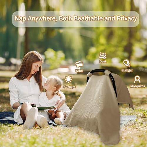 Image of Hooyax 2-in-1 Baby Car Seat Cover & Nursing Cover, 100% Muslin Cotton, Breathable Car Seat Canopy and Privacy Breastfeeding Cover, Brown