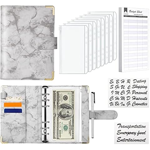 Sooez Budget Binder, A6 Money Organizer for Cash, Marble Money Saving Binder, 8Pcs Cash Envelopes for Budgeting, 24Pcs Budget Sheets, 34 Sticker Labels, Savings Binder-Grey Cover