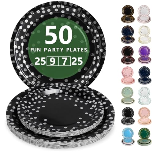 Nkaiso Platos Desechable, 50 Piezas Negro y Plateado Vajilla de Fiesta Set -25x 23cm & 25 x 18cm Platos de Carton, legante y Resistente para Bodas, Cumpleaños y Eventos