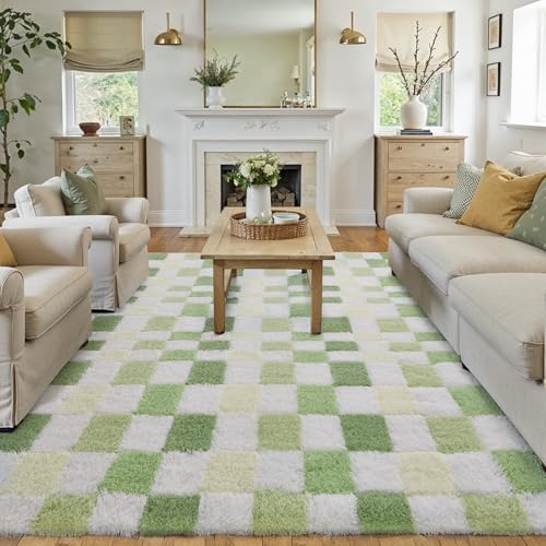 WondRg 9x12 Checkered Area Rug Green Fluffy Shag Living Room Throw Carpet Washable Non-Slip Soft Pile Fuzzy Large Rug for Bedroom Dorm Bathroom Dining Room Home Aesthetic Decor 9' x 12' (Rec