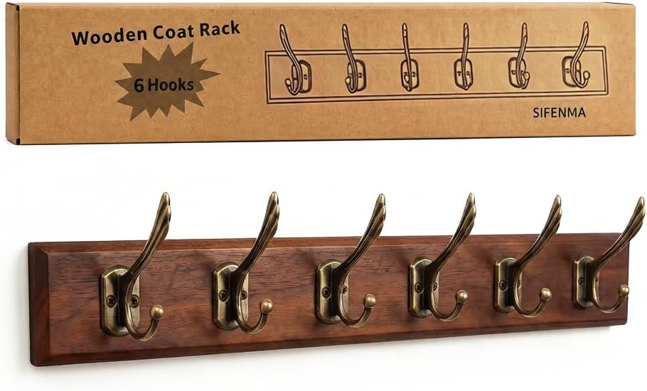 Wall Mounted Coat Rack with Solid Wood, 6 Bronze Metal Hooks – 23.22 Inch Rustic Brown Entryway Organizer for Hanging Coats, Hats, Jackets, Scarves, Bags, for Hallway, Bedroom, Bathroom（6Hooks）
