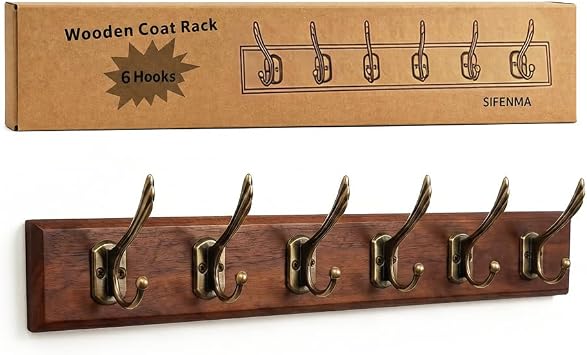 Wall Mounted Coat Rack with Solid Wood, 6 Bronze Metal Hooks   23.22 Inch Rustic Brown Entryway Organizer for Hanging Coats, Hats, Jackets, Scarves, Bags, for Hallway, Bedroom, Bathroom 6Hooks