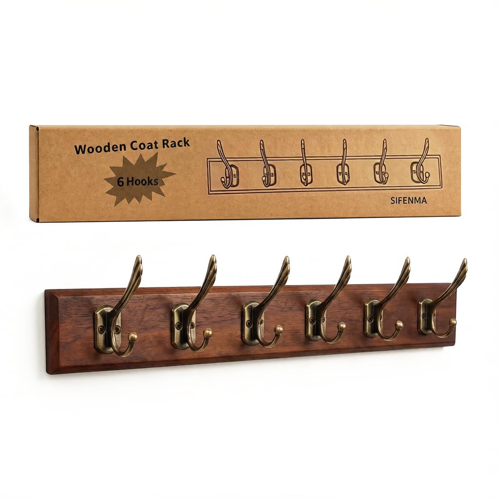Wall Mounted Coat Rack with Solid Wood, 6 Bronze Metal Hooks – 23.22 Inch Rustic Brown Entryway Organizer for Hanging Coats, Hats, Jackets, Scarves, Bags, for Hallway, Bedroom, Bathroom（6Hooks）