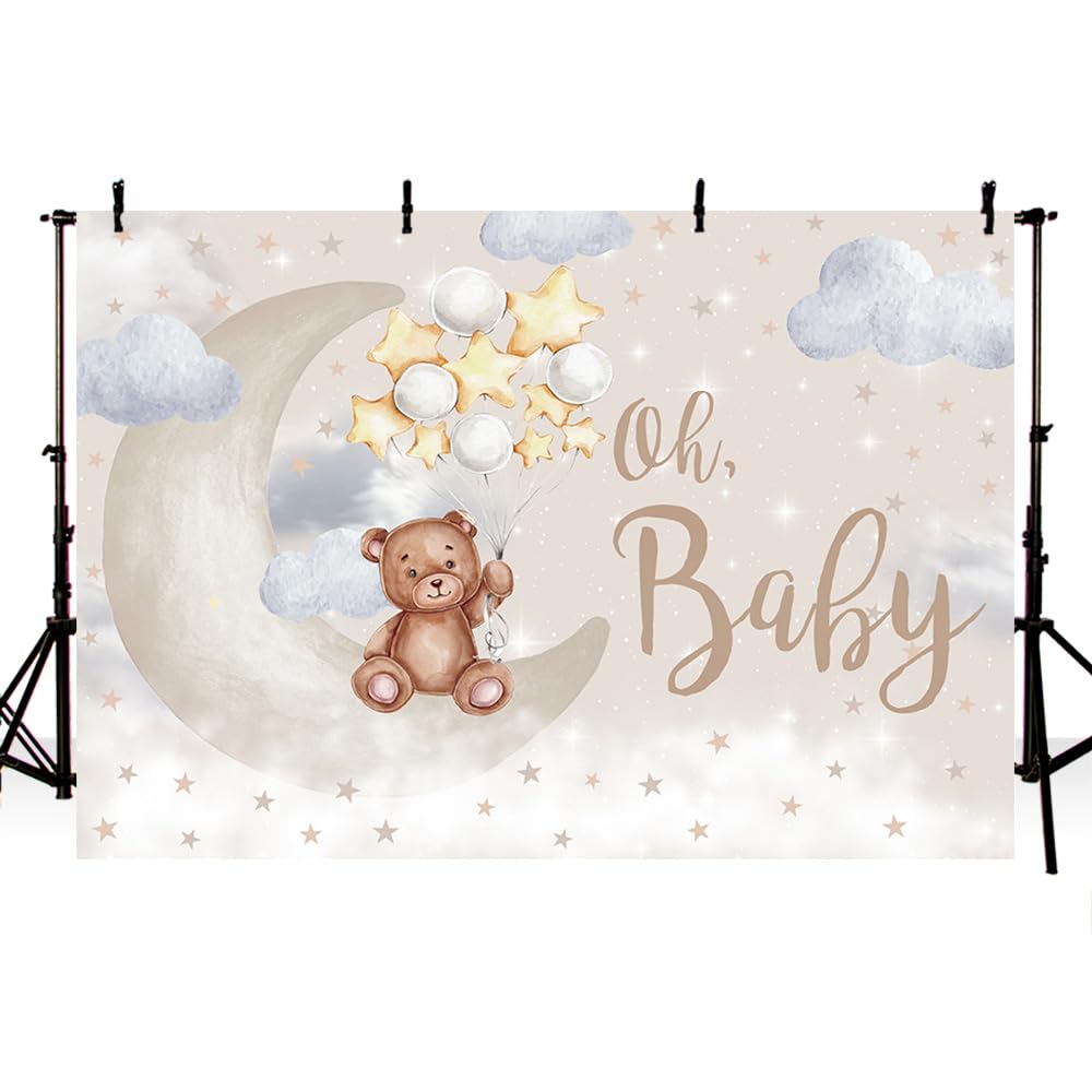 Leyiyi Fotohintergrund 2x2 M – Niedlicher Bär Auf Dem Mond Mit Sternen, Runder Partyhintergrund Für Babyshower, Kindergeburtstag & Deko