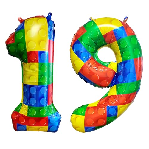 Image of 32 Inch Building Block Number 19 Balloons birthday Block Themed Large Big Helium Foil Mylar Balloon for Girls Boys Birthday Party Decoration Supplies