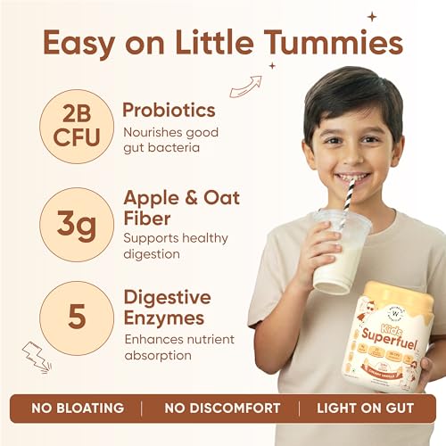 Image of Wellbeing Nutrition Kids Superfuel 7+years |Zero Added Sugar |9g Milk Protein Isolate, 23 Vitamins & Minerals, 100mg DHA, 3g Fiber, Probiotics |Height Growth, Immunity & Brain| Chocolate, Nutrition Drink Powder, 33g (33 grams, Creamy Vanilla)