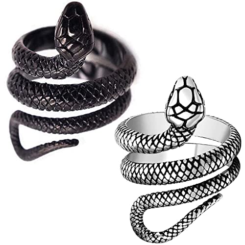 Ouceanwin 2 Stücke Schlange Ring Silber, Punk Schlange Ring Öffnen Vintage Schlangenring Silber Verstellbar Gothic Snake Ring Edelstahl Fingerring Schmuck für Männer Herren Frauen Unisex Cover