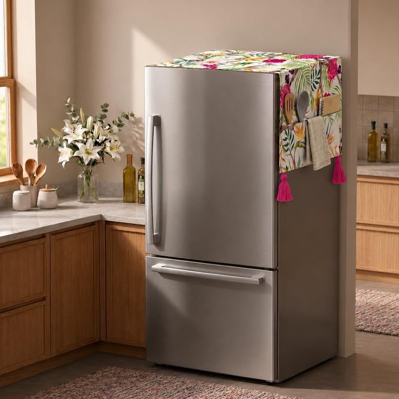 Image of WWW.THROWPILLOW.IN Fridge Top Cover for Double Door 250-400L | Medium Size Dustproof Refrigerator Cover | Corner Tassels with Pockets | Floral Print | Double Door Fridge Cover Mat