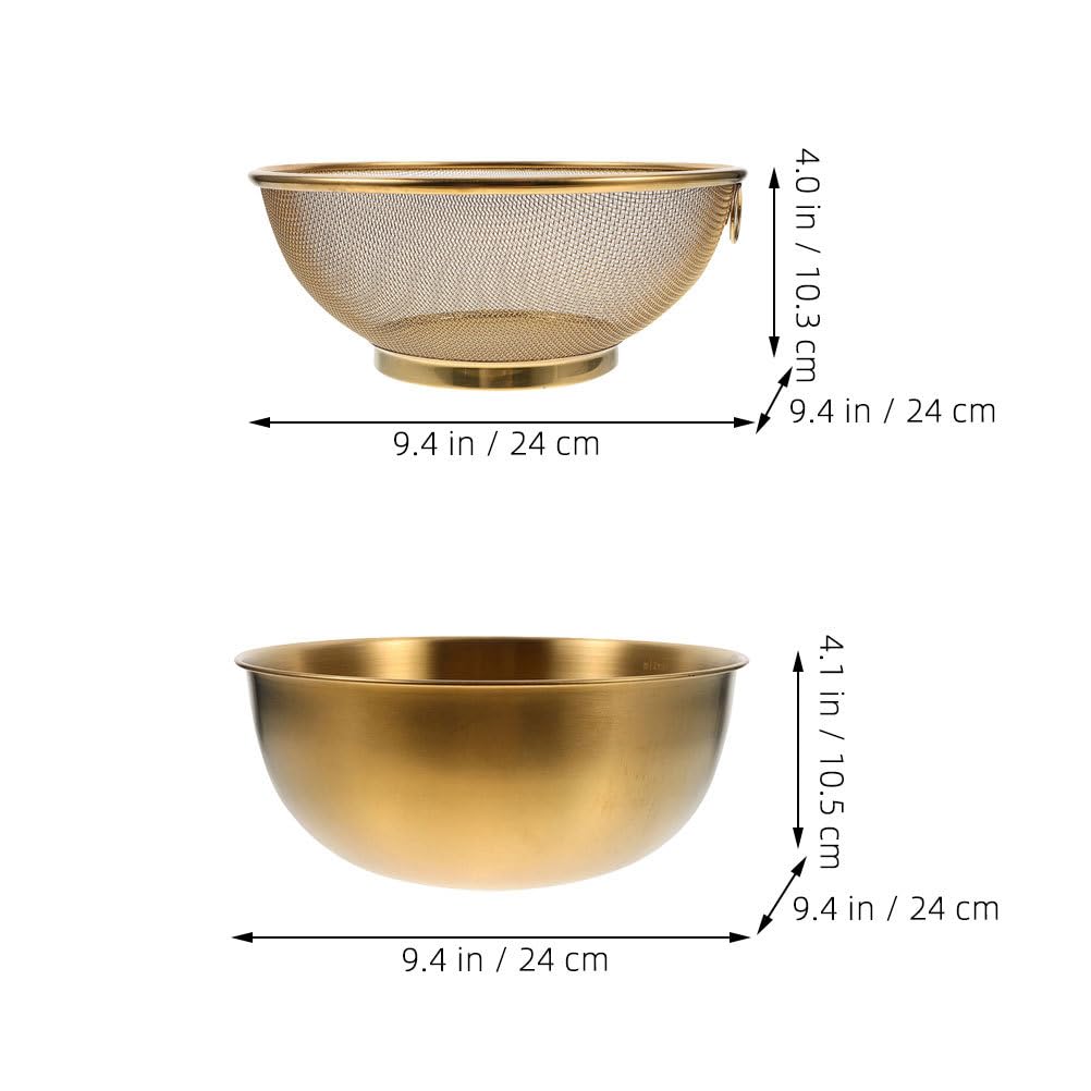 Cabilock Colador de acero inoxidable dorado de 24 cm con malla fina, cesta escurridora redonda para lavar y escurrir arroz, frutas, verduras y pastas, tamiz de cocina para fregadero y preparación